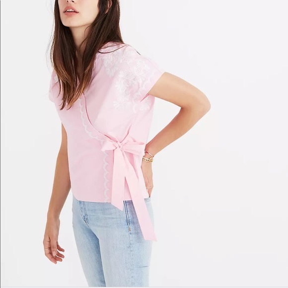 Madewell pink and white embroidered wrap top!! - Picture 3 of 6